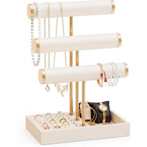 Abiglifty 3 Tier Necklace Holder Display, Jewelry Organizer, Jewelry Stand, Bracelet Display, Necklace Organizer, Bracelet holder, Jewelry Display for Necklace, Watches, Rings, Beige