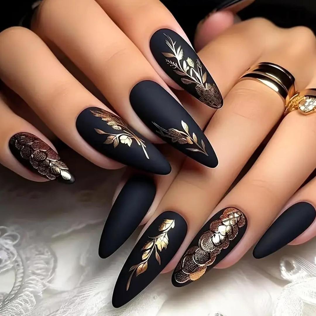 Fall Black Press on Nails Long Almond Fake Nails Gold Powder Full Cover Glue on Nails Gold Wheat Ears Design Oval Acrylic False Nail Autumn Matte Artificial Nail Reusable for Women