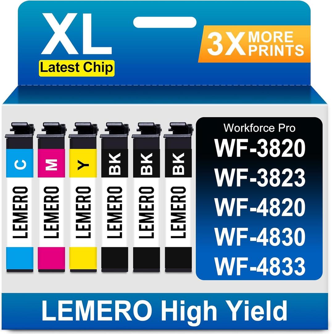 LEMERO Remanufactured Replacement for Epson 822XL Ink Cartridges High Yield Work with Workforce Pro WF-3820 WF-3823 WF-4820 WF-4830 WF-4833 Printer Latest Chip (6-Pack 3 Black, 1 Cyan/Magenta/Yellow)