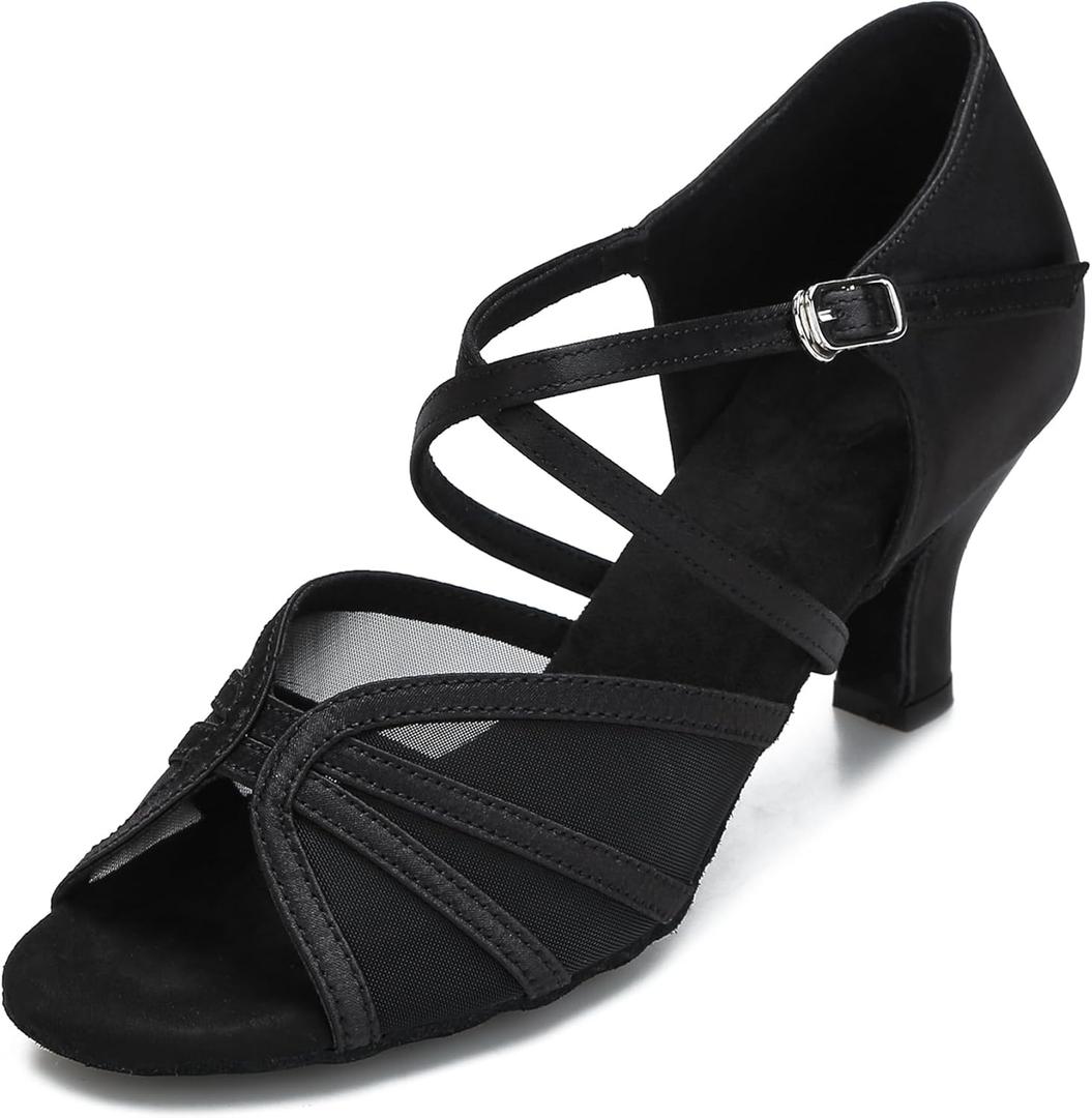 Women's Ballroom Dance Shoes Latin Salsa Dancing Shoes Cross Strap 2.5inch Heel 3inch Heel ZB04 (8.5, Black-2.5 Inch Heel)