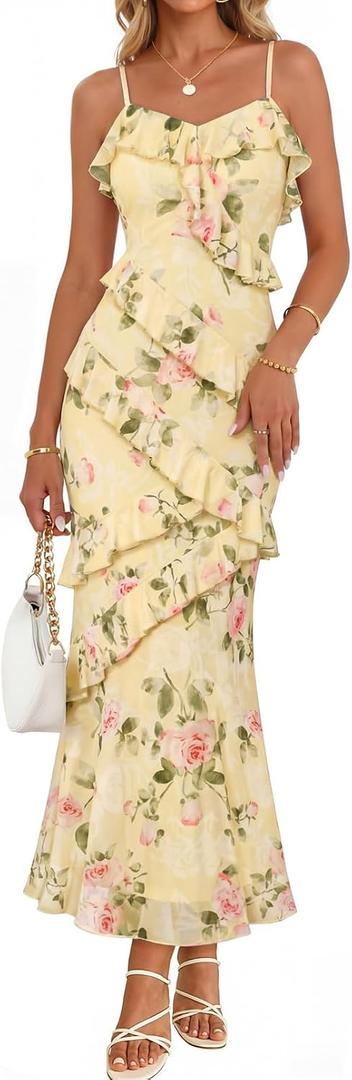 MEROKEETY Summer Floral Wedding Guest Maxi Dress Womens 2026 Spring Formal Bodycon Ruffle Spaghetti Strap Cocktail Long Dress (Yellow, M)