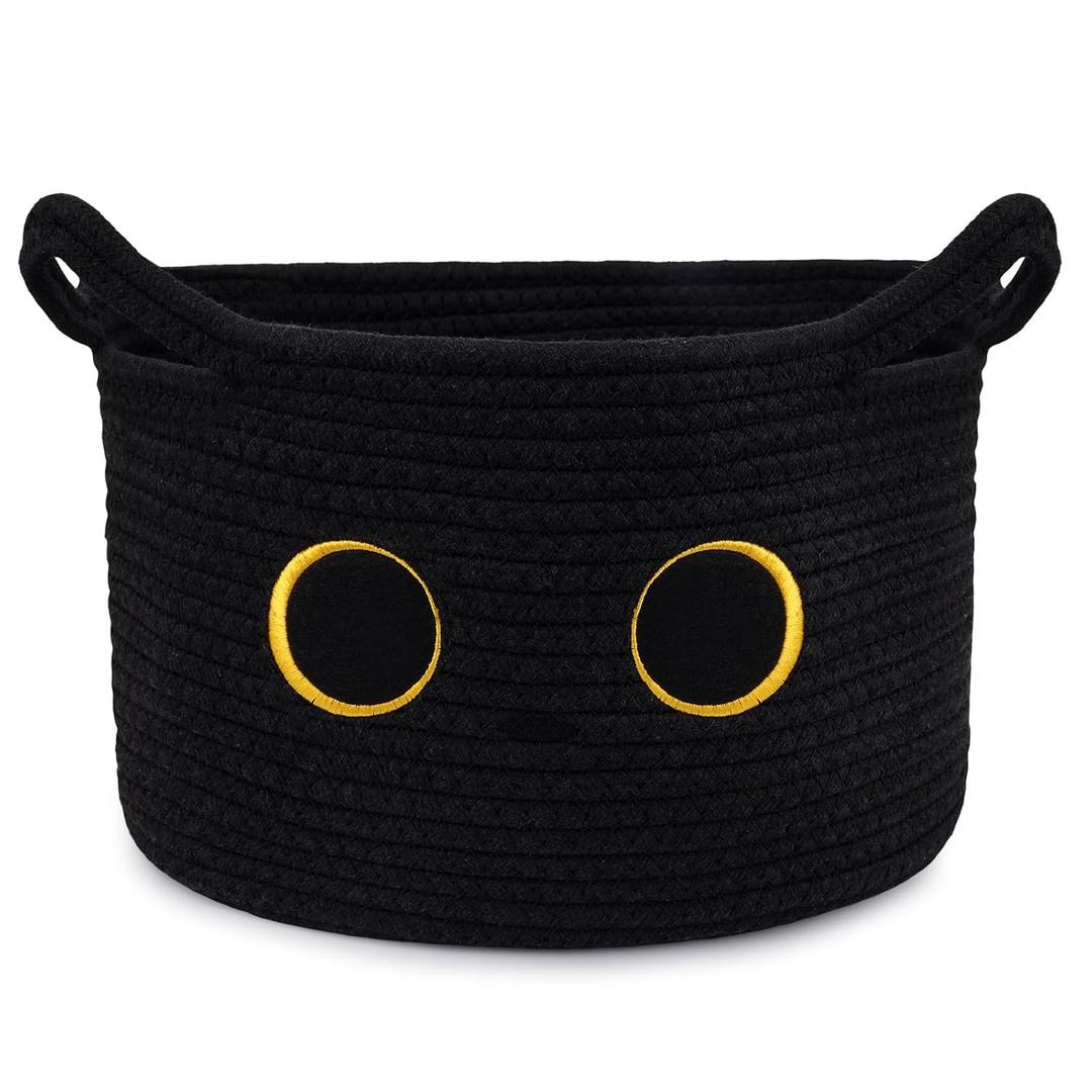 Cute Cat Toy Basket, Large Cotton Rope Toy Bin Box for Cats Bin | Oval Baby 0rganize Blanket Shower Hamper with Handles, Decorative Storage Cat Bin, Halloween Decor,13"D x 8"H IN