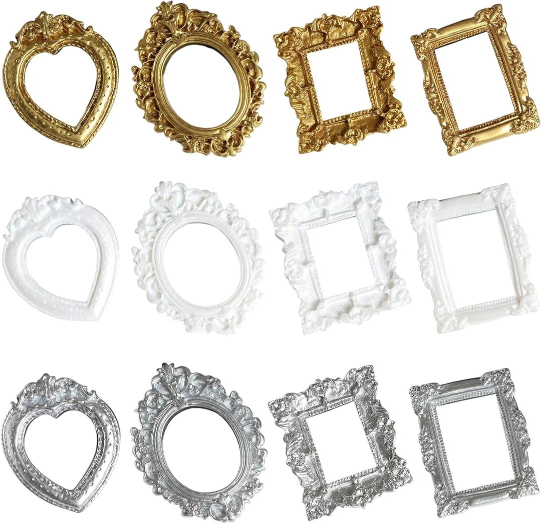 Vintage Mini Picture Frames - Set of 12, Resin Embossed Photo Frames for Display, Jewelry, DIY Crafts, Home and Holiday Decor, Tabletop and Wall Decoration