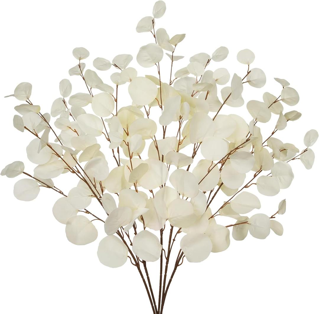 Cream White Eucalyptus Stems Fake Eucalyptu Leaves 34 Long Silver Dollar Leaves 5 Pcs Silk Eucalyptu Stems for DIY Bouquet Arrangements Centerpieces Shower Decorations-Artificial Eucalyptus Spray