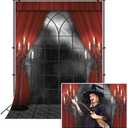 Renaiss 8x10ft Vintage Gothic Window Backdrop Red Curtain Candlestick Black Floor Lightning Stormy Sky Vampire Medieval Castle Photography Background Halloween Dress Up Party Decors Photo Booth Props (FWH00070)