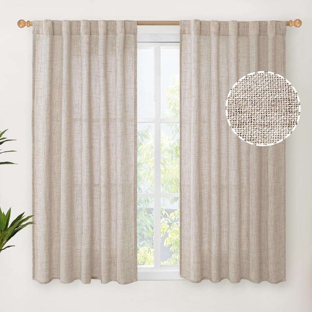 YoungsTex Linen Curtains 48 Inch Length for Living Room Window, Short Natural Semi Sheer Drapes with Rod Pocket Back Tab Light Filtering for Bathroom Bedroom, 2 Panels, 42 X 48 Inch