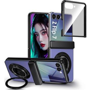 for Samsung Galaxy Z Flip 7 Case with Screen Protector, Hinge Protection Phone Case for Z Flip 7, with Mag-Safe, 360 Rotating Ring Holder, Hard PC Shockproof Full Body Protective Cover (Blue)
