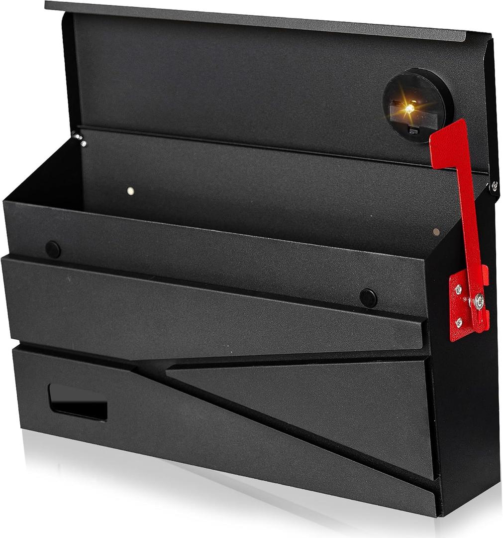 Wall Mount Mailbox, Large Capacity Mailbox for House, with Flag, Visibility Galvanized Steel Rust-Proof Metal Post Drop Box, Mailboxes for Outside, 15.74"9.84"4.33" Solar Lanterns Black