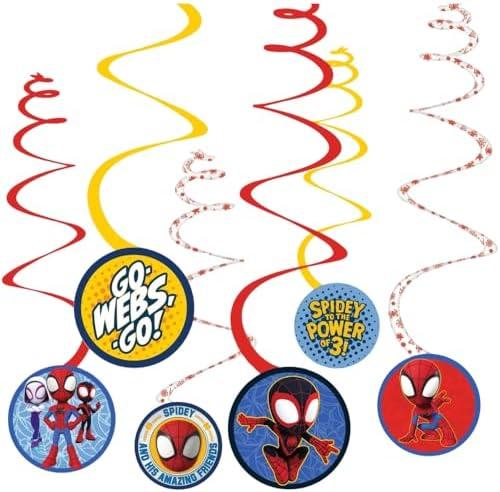 Spiral Decorations - 5" (12 Pcs) - Multicolor Cardstock & Foil Hanging Decors for Kids Birthday & Themed Parties, Spidey & His Amazing Friends