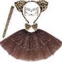Dxhycc Cat Costume for Girls Kids Cat Ears Headband Tail Bowtie Tutu and Face Stickers for Halloween Dress Up Party (11.8 Inch, Brown)