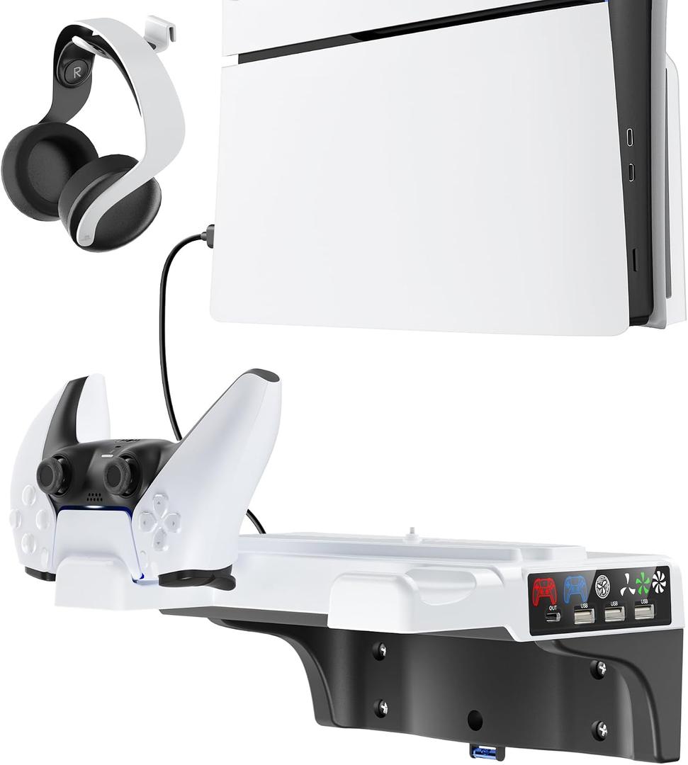 PS5/Slim/Pro Wall Mount Kit with Cooling Fan & Charging Station, PS5 Shelf Floating Mount for All PlayStation 5/Slim/Pro Disc & Digital Console, PS 5 Wall Bracket Behind TV, PS Five Pro Accessories