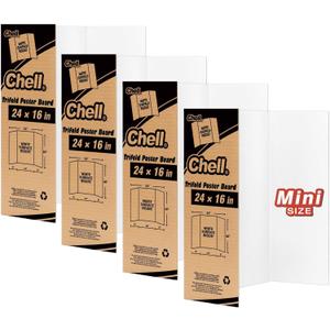 Chell Mini Size Trifold Poster Board, 16" x 24", Small Corrugated Project Boards, White, 4 Pack