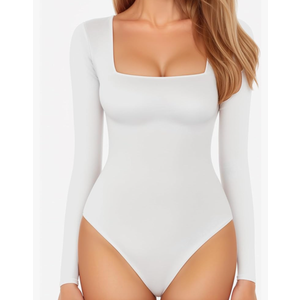 MANGOPOP Women's Square Neck Short Sleeve Long Sleeve Bodysuit Sexy Body Suits Shirt Slim Fitted Tops L