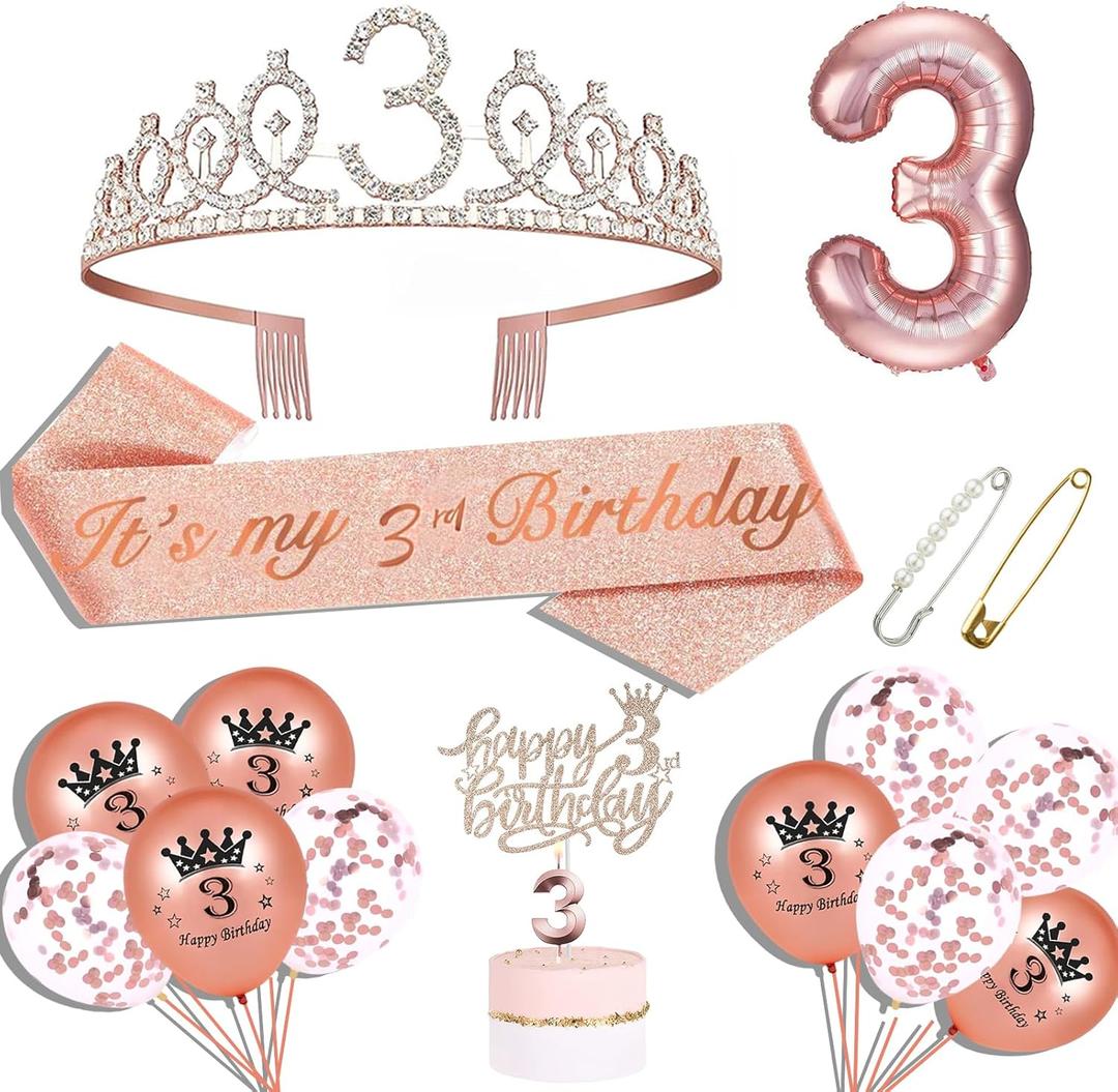 Rose Gold 3rd Birthday Decorations - Sash, Crown, Cake Topper, Balloons, Pin & Candle Set