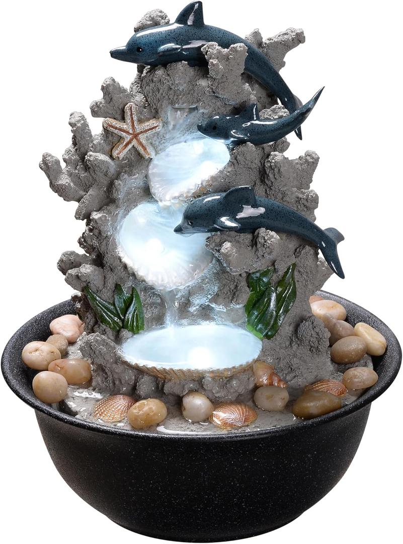 Indoor Tabletop Dolphin Water Fountain with LED Light  Ocean Theme Desk Decor and River Rocks, Relaxing Sound Machine for Sleep & Office, Zen Home Dcor Gift for Women, Living Room Decoration (9 Inch)