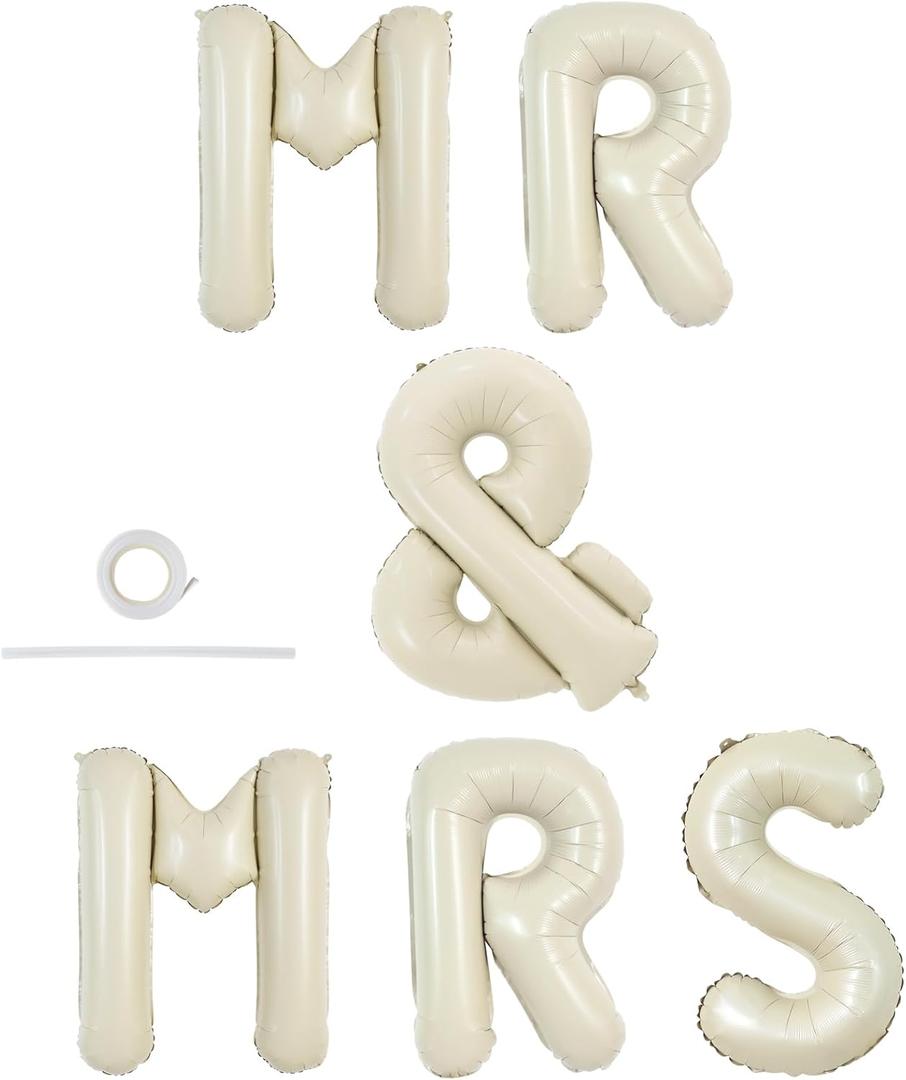TONIFUL 40 Inch Big Cream White MR & MRS Balloons Large Ivory White Mr and Mrs Foil Letter Banners for Bride Groom Engagement Bachelorette Party Anniversary Couple Sweetheart Party Supplies