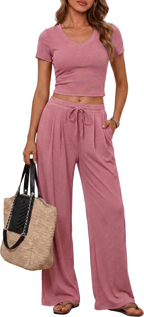 PRETTYGARDEN 2 Piece Sets for Women Summer 2026 Spring Lounge Set Matching V Neck Tops Wide Leg Pants Airport Travel Outfits L