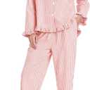 Flygo Womens Striped Pajama Sets 2 Piece Cotton Lounge Sets Button Down Top Straight Leg Pants with Pockets Y2K Pjs Sleepwear (XX-Large, Orange-Red)