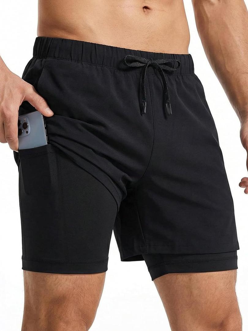 Men's 2 in 1 Running Shorts Quick Dry Gym Workout Tennis Training Basketball Sports Athletic Shorts with Pockets (Black, M)