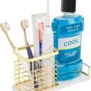 HarJue Toothbrush Holder, Luxurious Metal Toothbrush Toothpaste Holder with Marble Base for Bathroom, Multi-Slots Openwork Design, Bathroom Accessory for Storage and Organizer (Large, Gold)