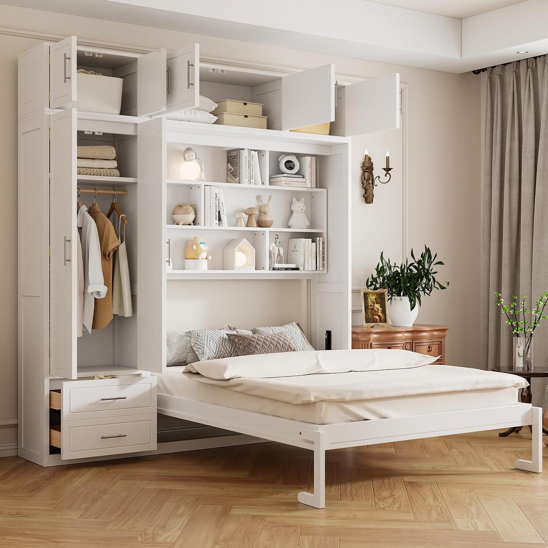 Merax Queen Size Murphy Bed with Top Cabinet, Shelves and Wardrobe, Fold into The Wall, Space-Saving Design Foldable Platform Bed Frame, Multifunctional Bed for Bedroom, Guest Room, Home Office, White
