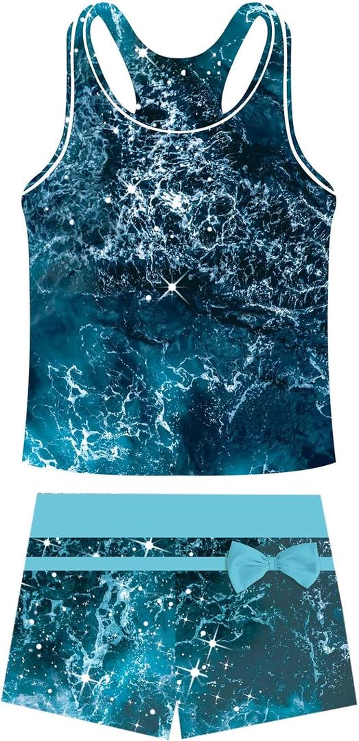 Belovecol Girls Swimsuits Two Piece Tankini Bathing Suits Boyshort Summer Beach Rash Guard Swimwear for 4-16T (8-9 Years, Ocean Wave)