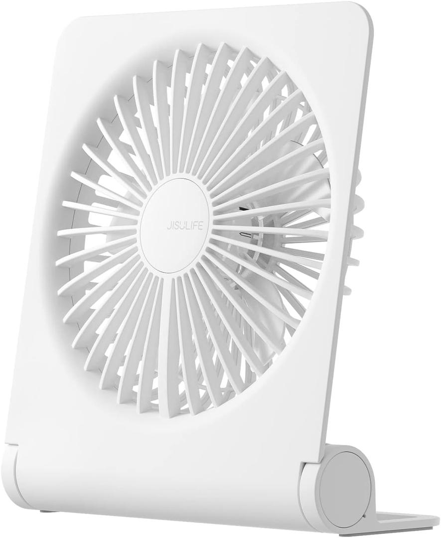 JISULIFE Small Desk Fan, Portable Travel with 2000mAh Battery, USB Rechargeable Folding Design for Flexibility, Strong Quiet Wind with 4 Speed Modes, Ideal Gifts for Office/Home/Camping - White