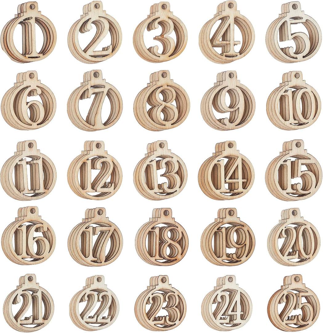 NBEADS 100 Pcs Number Wooden Calendar for Christmas, 1-25 Christmas Countdown Advent Calendar, 1.3inch wide Wooden Number Pendants for Christmas Tree Decoration, DIY Crafts Gift Tags, Hanging Ornaments, 2mm thick