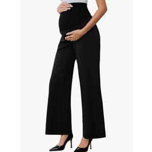 Ecavus Women's Maternity Pants Over Belly Seamless Stretchy Work Pants Maternity Wide Leg Pants with Pockets S