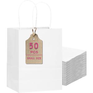 qiqee 50-Packs White Paper Gift Bags with Handles Bulk 8.3"x3"x 6" Small Size Paper Bags Multiple Uses(Small Size)