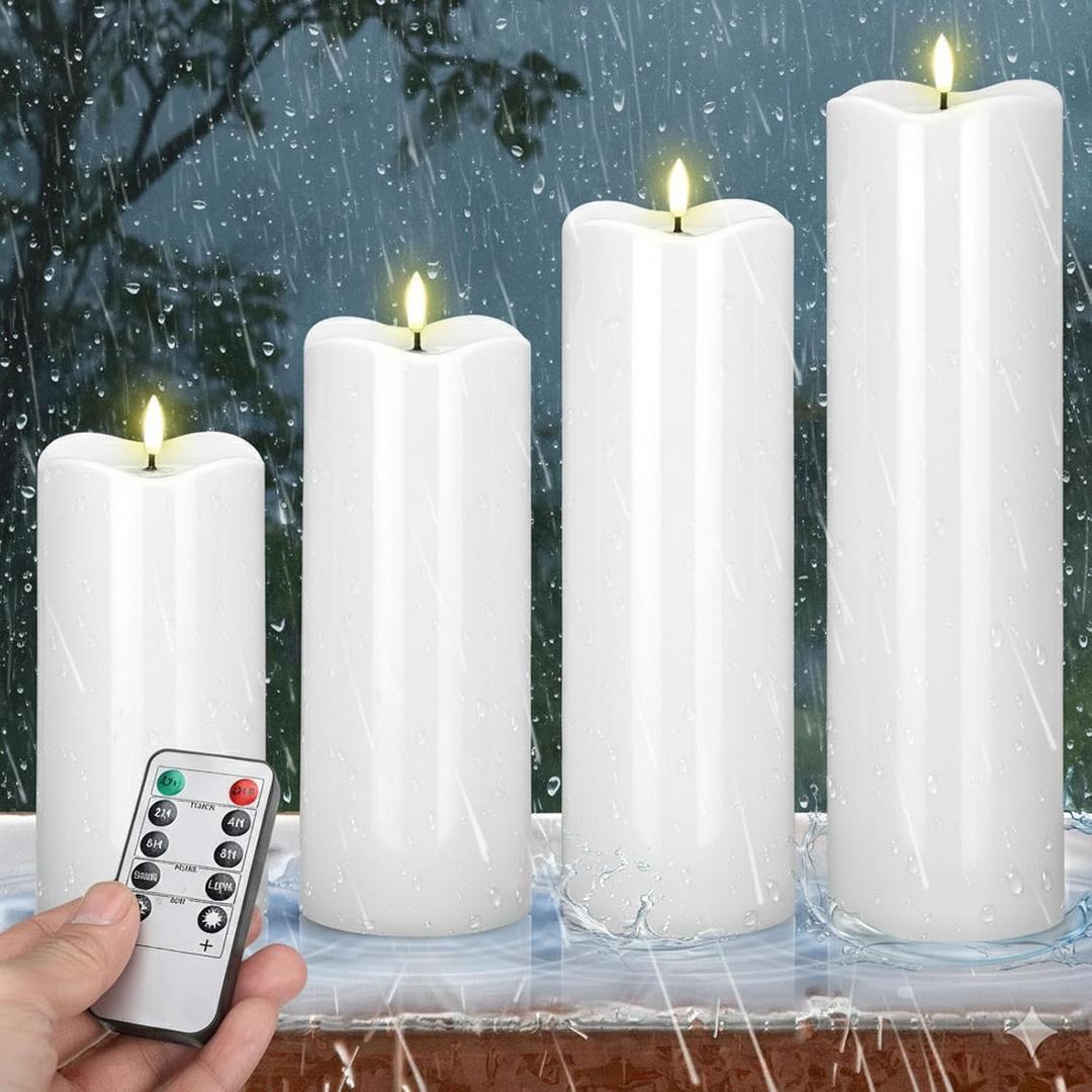 Rossesay 8" 10" 12" 14" x 4" Large Waterproof Outdoor Flameless Candles, 4 Pcs LED Pillar Candles with Remote and Timers Battery Operated Jumbo Flickering for Home Patio Church Lanterns(White)