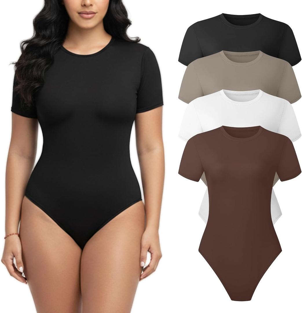 Dalavch 4 Pack Short Sleeve Bodysuit for Women Crew Neck Stretchy Casual Basic Fitted Body Suits T Shirt Tops Size L