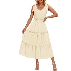 ZESICA Womens 2026 Summer Spaghetti Strap Midi Dresses Casual Tie Shoulder V Neck Flowy A Line Tiered Beach Long Dresses (Yellow, S)