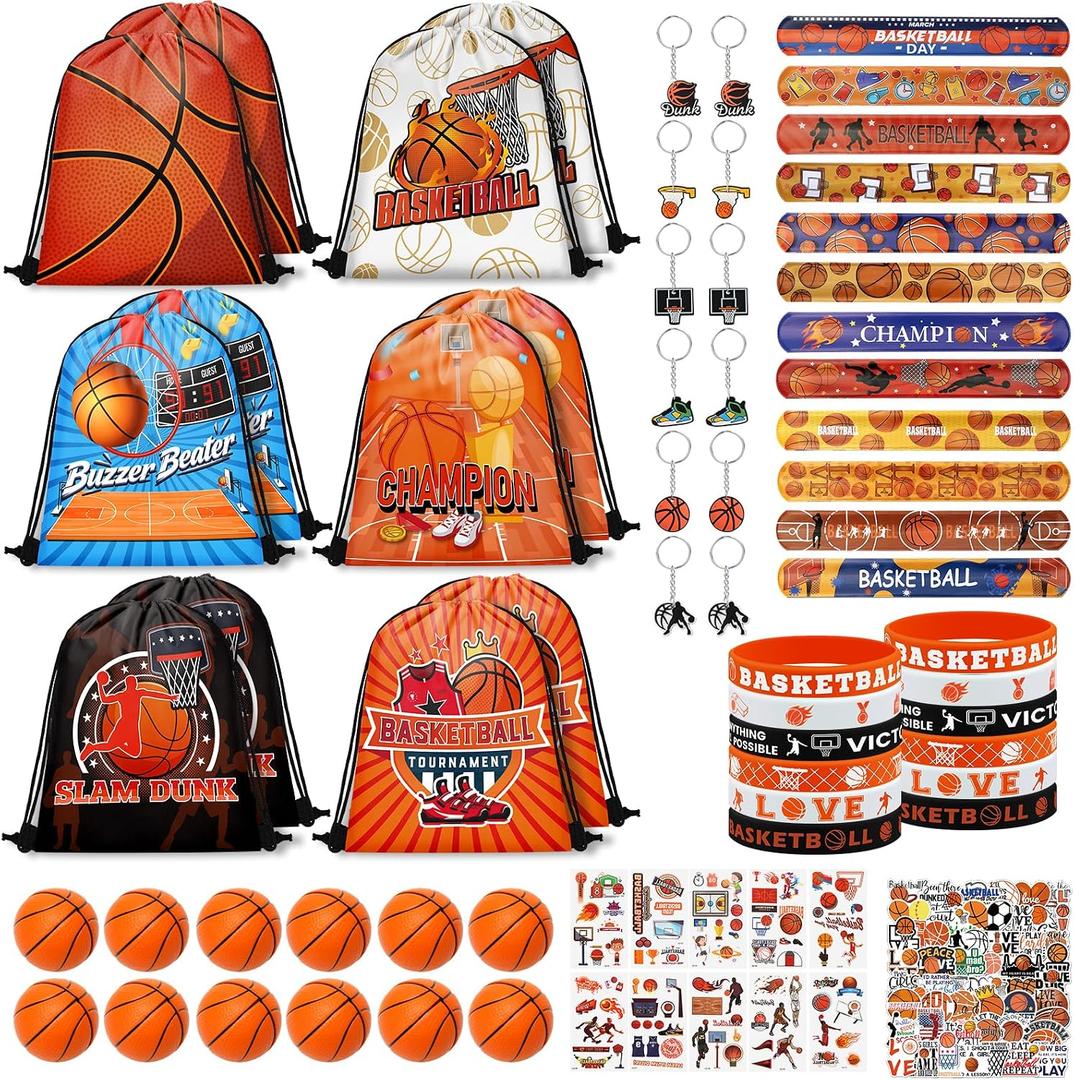Grneric 120PCS Basketball Party Favors, Basketball Drawstring Goodie Bags with Mini Basketballs, Bracelets, Keychains, Stickers & Tattoos for Basketball Theme Party Supplies