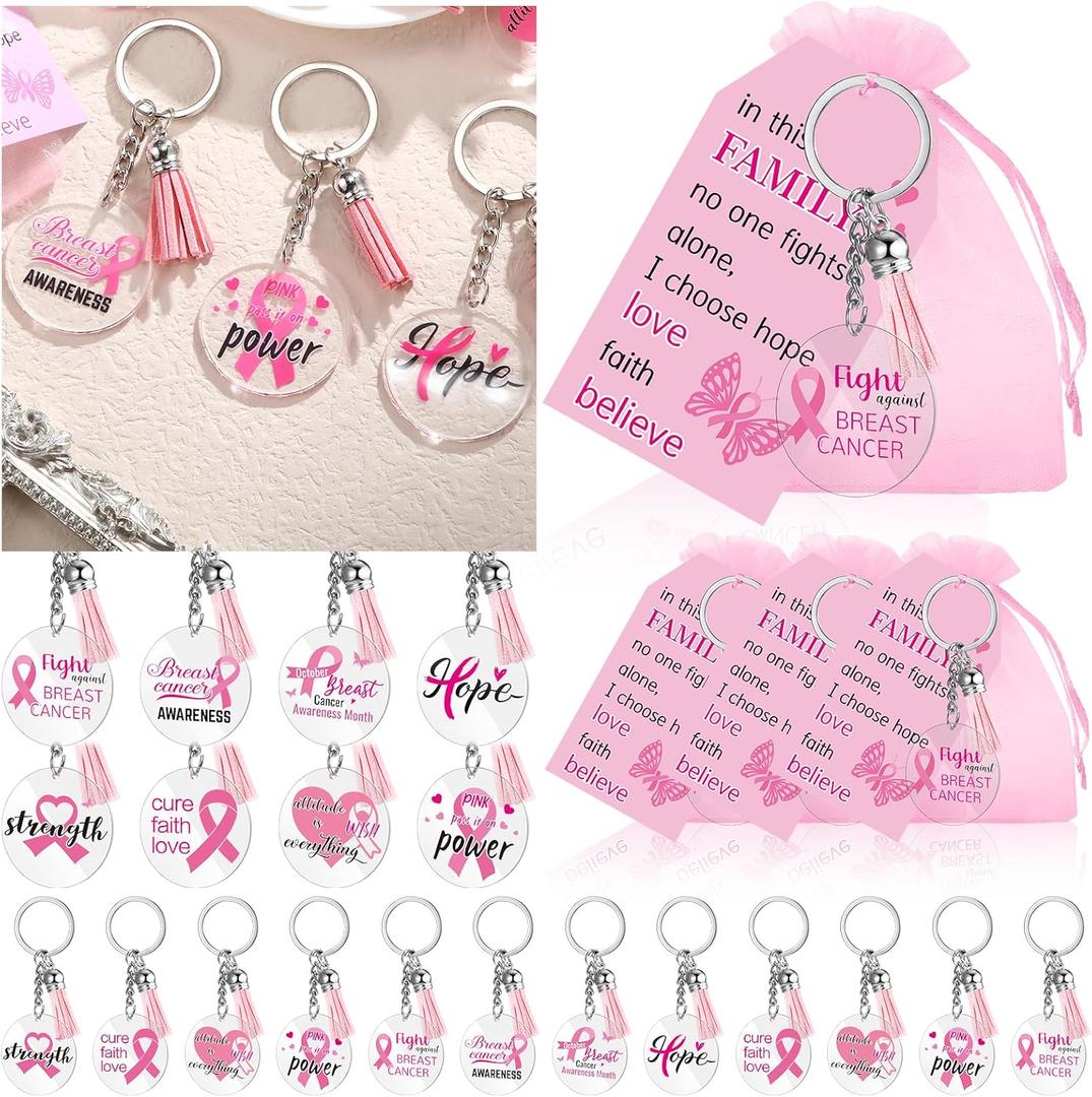 Remuuly 32 Set Breast Cancer Awareness Keychains Pink Ribbon Gifts Breast Cancer Accessories Survivor Party Favors for Women Pink Ribbon Keychains with Hope Cards and Organza Bags