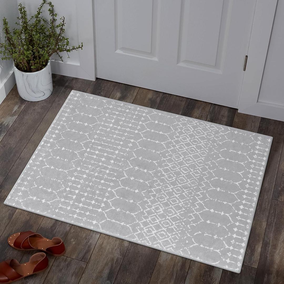 Lahome Moroccan Rugs for Entryway 2x3 Small Non-Slip Kitchen Rug Throw Lightweight Area Rugs for Bedroom Gray Vintage Print Distressed Bath Mat Floor Indoor Doormat Carpet for Laundry Living Room