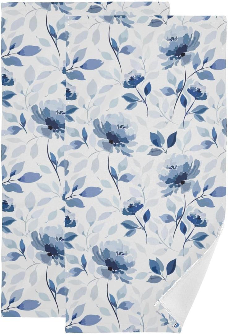 2 Pcs Vintage Blue White Flower Hand Towels for Bathroom 14"x28",Soft Quick Dry Watercolor Navy Ink Modern Floral Leaf Guest Bath Towels,Decorative Towels for Bathroom Kitchen Dish Face Gym