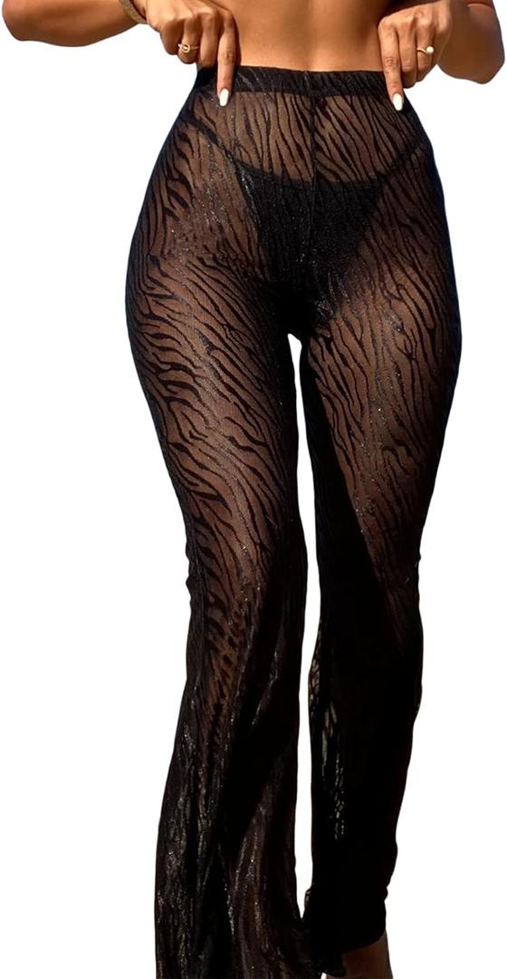 SHENHE Women's Solid Sheer See Through High Waist Wide Leg Cover Up Pants Bathing Suit, Size S