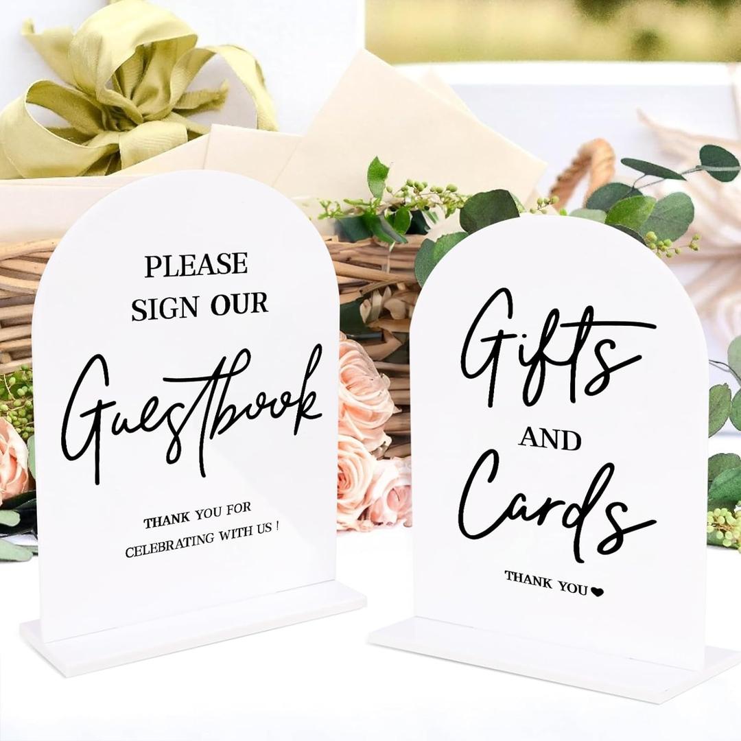 KOSKIMER 2Pcs Wedding Signs for Ceremony and Reception, 5"x7" White Acrylic Wedding Reception Signs, Guest Book Sign with Stand, Cards and Gifts Sign (Set of 2)