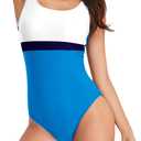 Womens One Piece Swimsuit Scoop Open Back Athletic Training Swimwear Color Block Sport Bathing Suit (White)