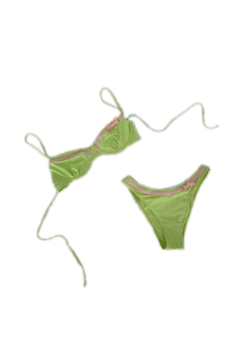 Cute Green Dot Print Bikini Set Women Sexy Halter Push Up Underwire Thong Swimwear Summer Bathing Suit, Medium