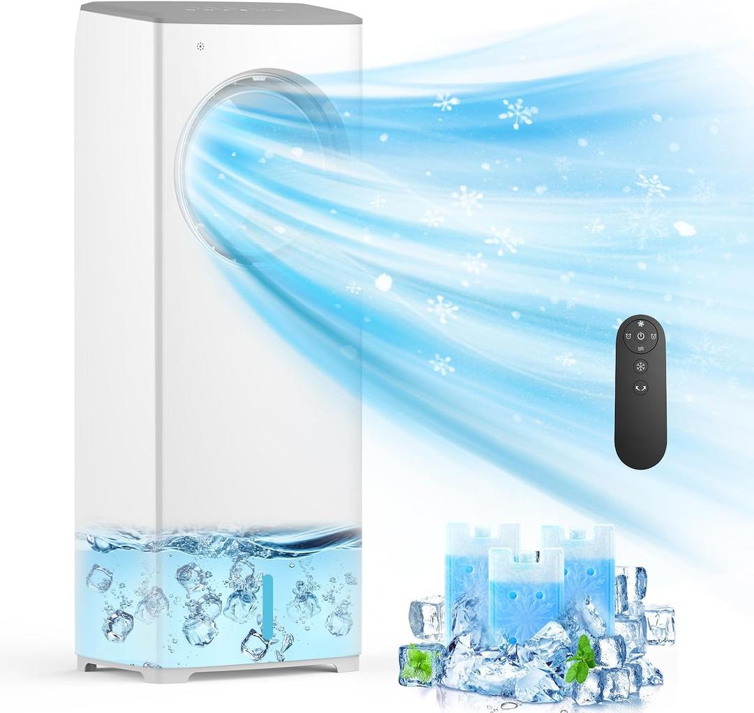 Evaporative Air Cooler, 3-IN-1 Swamp Cooler 24ft/ s, Portable Air Conditioners Windowless w/ Remote, 15H Timer, 80°Oscillation, Water Tank, 3 Ice Packs, Ac Cooling Fan for Indoor Room Bedroom White