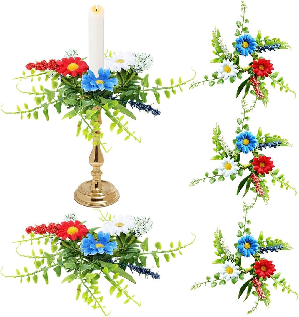 4 PCS Patriotic American Taper Candle Rings Wreaths 1.38" Mini 4th of July Floral Taper Candle Holder with Daisy Artificial Independence Day Table Centerpieces Wreath for Party Home Candlesticks Decor