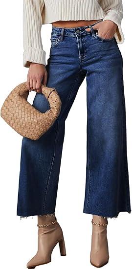 Allimy Women's High Waisted Straight Ankle Wide Leg Ripped Jeans Frayed Hem Stretchy Capri Denim Pants, Size 12