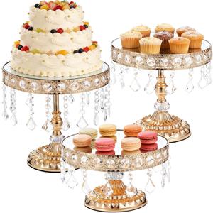 3 PCS Golden Cake Stands with Pendants, Round Mirror Cake Stand with Hanging Crystal Beads, Dessert Display Riser, European Style Lace Cupcake Stands for Wedding Birthday Banquet Dessert Buffets