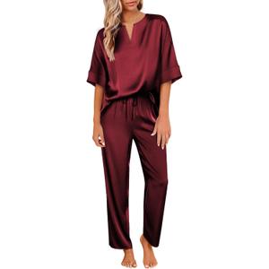 Ekouaer Satin Pajama Set Womens Silk Short Sleeve V Neck Shirt with Long Pant Soft Loungewear Pjs Set (Red, XXL)
