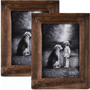 Yaetm 5x7 Picture Frame Distressed Wood, Rustic Solid Wood Photo Frame 5 x 7, Display for Tabletop and Wall, High Definition Glass, Carbonized Black (2 Pack)