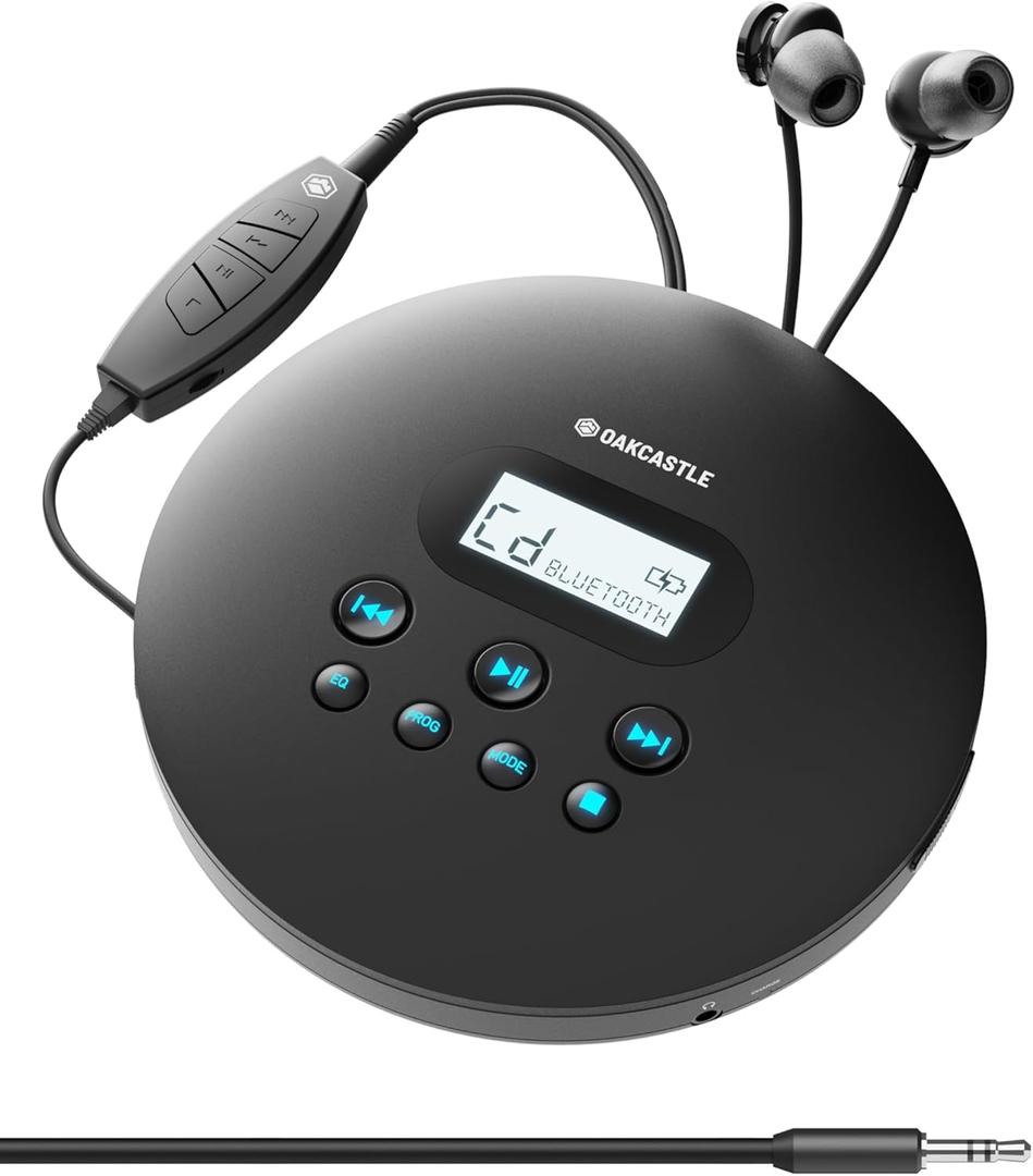 CD Player Portable, Rechargeable Bluetooth 12Hr Personal CD Player Discman for Car (AUX only) and Travel | Headphones, LCD Screen, Anti-Skip, Oakcastle CD100 Walkman and Portable CD Player