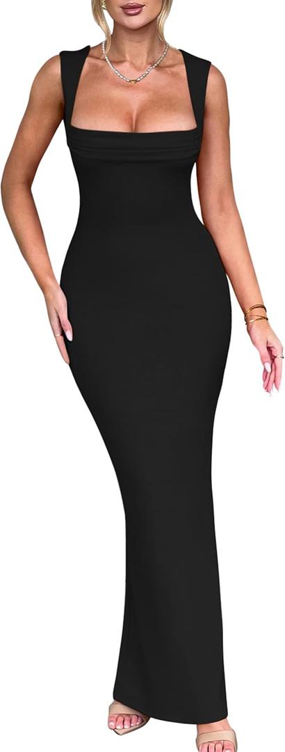 Women's Elegant Sleeveless Square Neck Bodycon Ruched Long Evening Party Dress (Black)