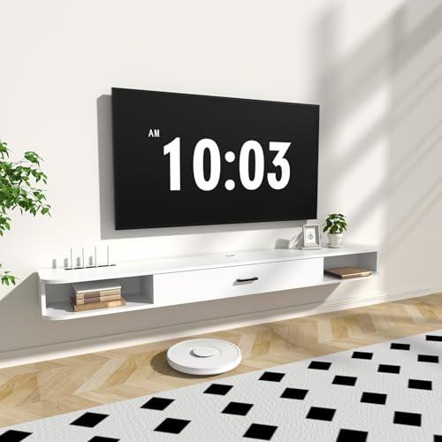 GHC Floating TV Stand, 75'' Wall Mounted TV Cabinet, Floating Shelves with Door, Media Console for DVD Player, Space-Saving Under TV Shelf for Bedroom & Living Room (White)